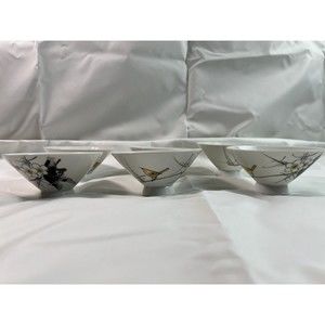 6 of Vtg White Footed Porcelain Rice Bowl‎ Hand Painted Gold Bird Floral Japan